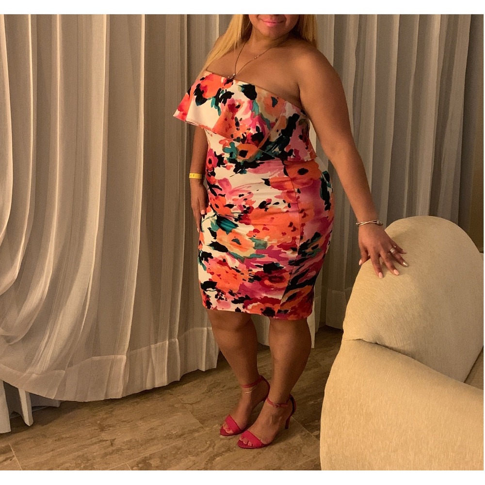 Sensational Collection Floral‎ Off Shoulder Ruffle Bodycon Dress XL Made USA